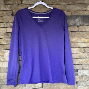 Nike Dri Fit V Neck Long Sleeve Shirt Womens Purple Medium Training Performance